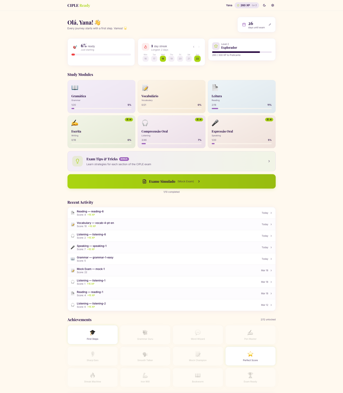 CIPLE Ready dashboard showing study modules, streak calendar, achievements and progress tracking