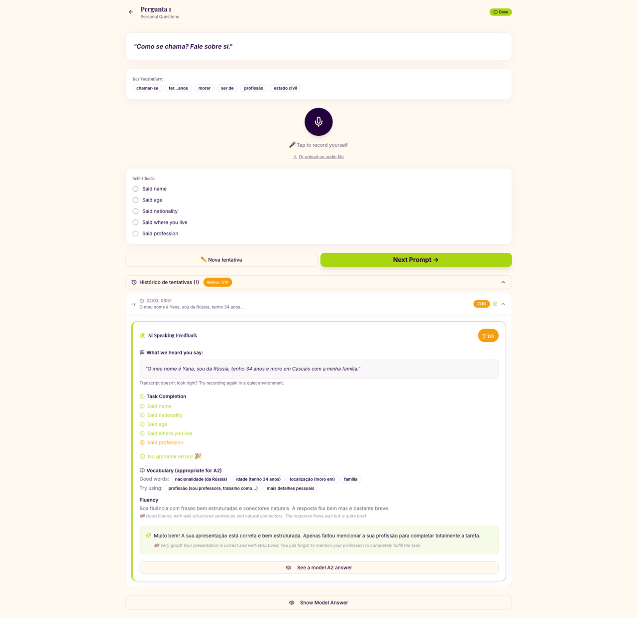 Speaking practice with AI feedback and self-check